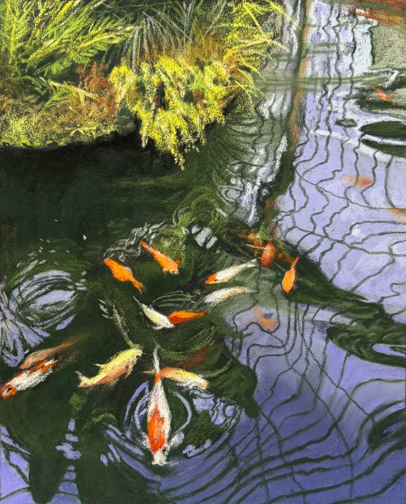 'Koi at the Botanics' soft pastel painting by Lynn Howarth.