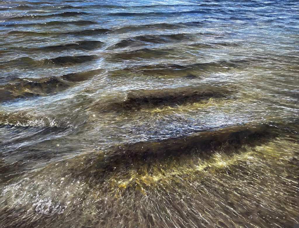 Soft pastel painting titled 'The Power of Calmness' by Gareth Jones, depicting a slightly rippled sea as it approaches the shallows of the beach.