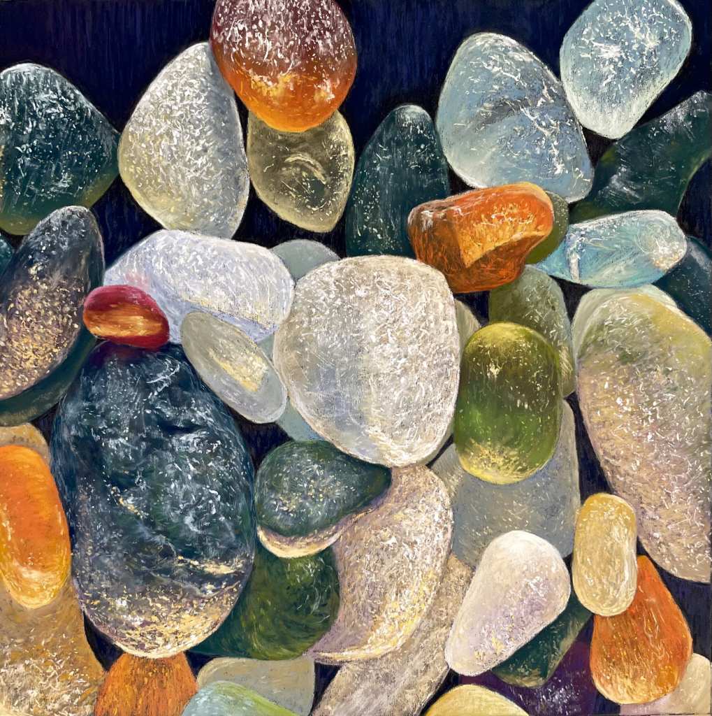 Soft Pastel Painting 'Found Sea Glass 4' depicting pieces of sea glass on a dark blue background, by Fiona Carvell