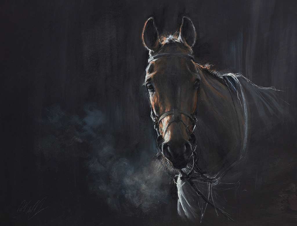 Dark and moody soft pastel painting on lightly lit horse on dark background, its breathe caught by the backlight of the low sun.