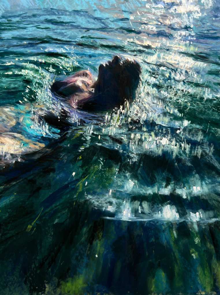 Elena Degenhardt soft pastel painting depicting a person swimming in the sea, backlit by the low sun.
