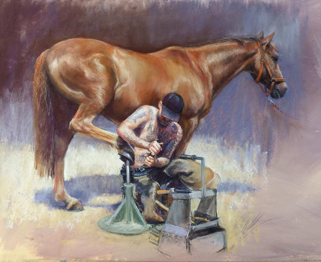 Soft pastel painting of farrier working on horses hoof.