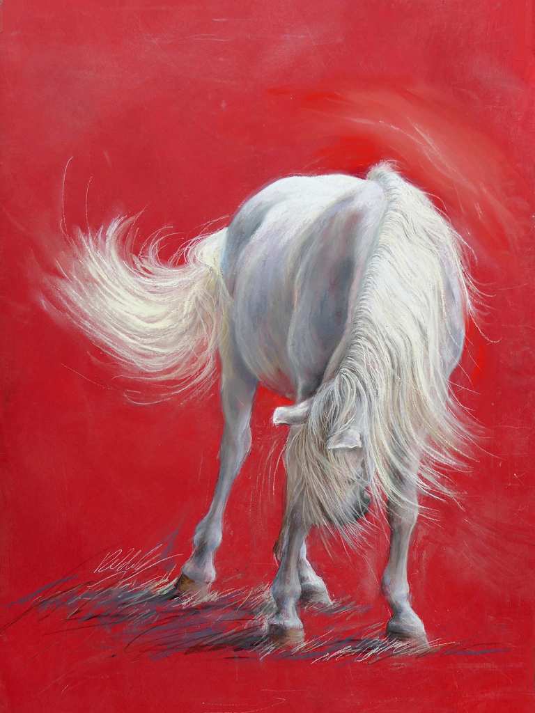 A striking soft pastel portrait of a white horse against a bright red background, with subtle suggestions of movement in the tail and mane.