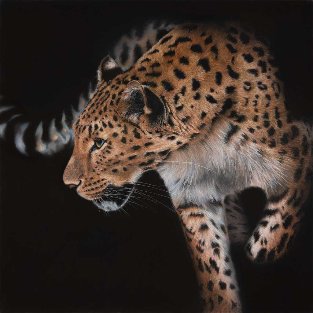 Soft pastel painting depicting a leopard in a prowling pose on a dark background.