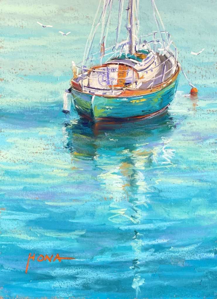 Emerald Reflections soft pastel painting of a sailing boat, by Regina Hona
