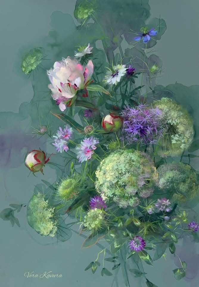 Floral Embroidery soft pastel painting by Vera Kavura