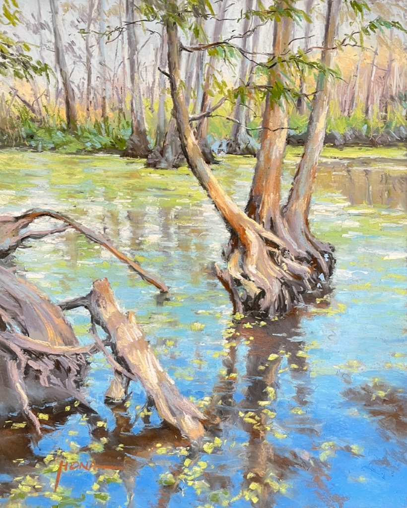 Soft pastel painting of The Bayou by Regina Hona.