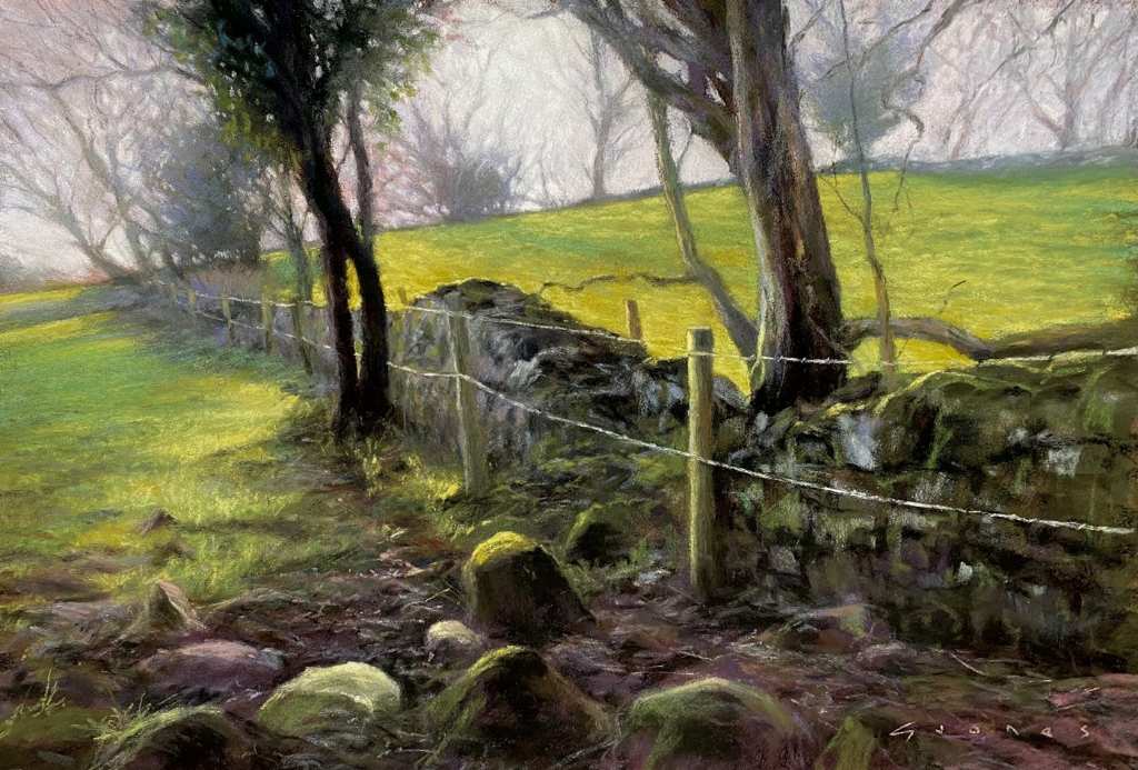 Soft pastel painting of a farmland scene, from the corner of a field, on a hazy but bright morning.