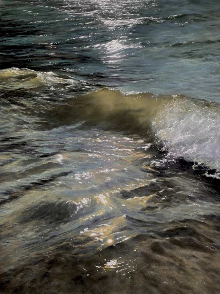 Soft pastel painting in neutral tones, of a swirling tidal current lapping over the coastal shallows, forming small waves, backlit by the low sun.