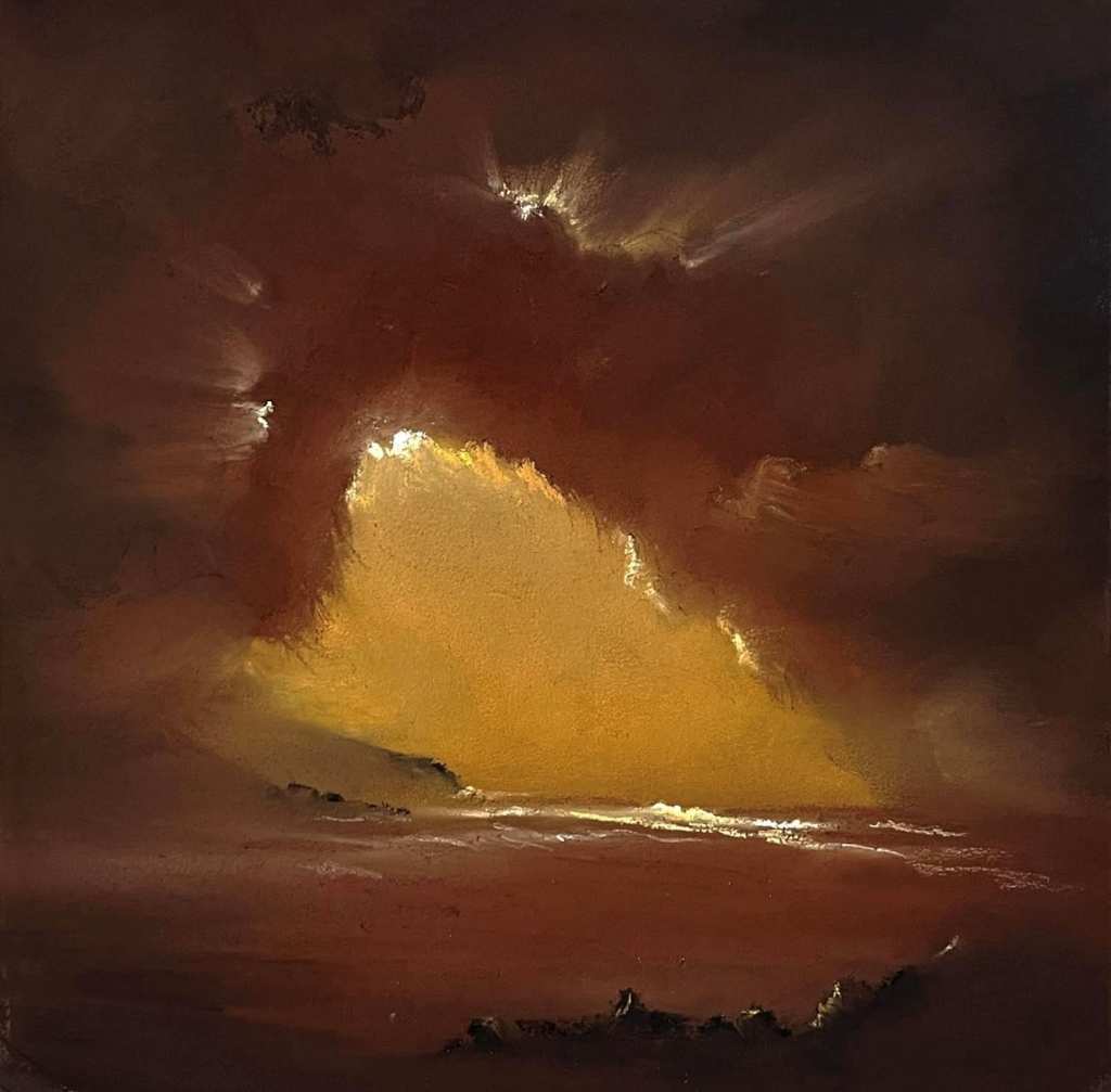 A soft pastel painting of a thickly clouded sky, with a break in the middle, allowing the sun to shine through.