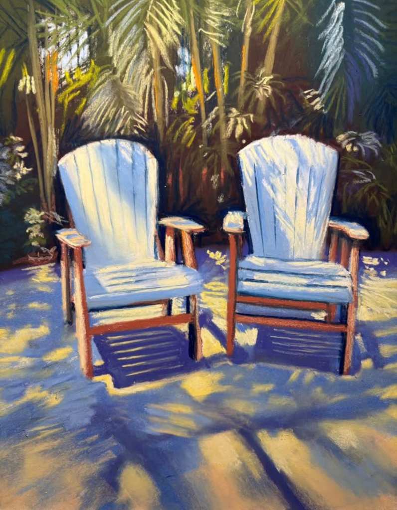 Soft pastel painting of 2 garden chairs out on the patio, backlit by the sun.