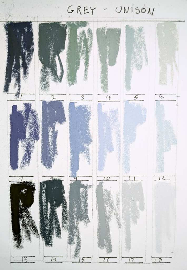 Rhonda's homemade colour chart for the Grey 1-18 set.