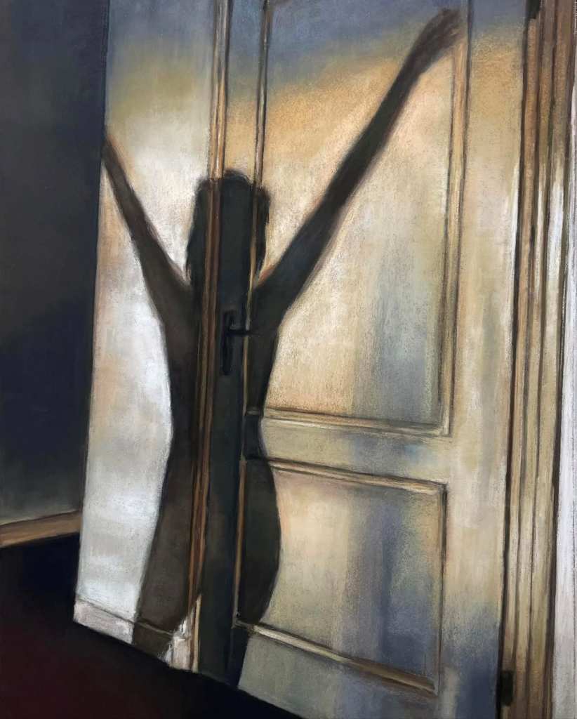 Soft pastel painting of a shadow of a figure being cast on to a wood panelled wall by Janina Meulendijks.
