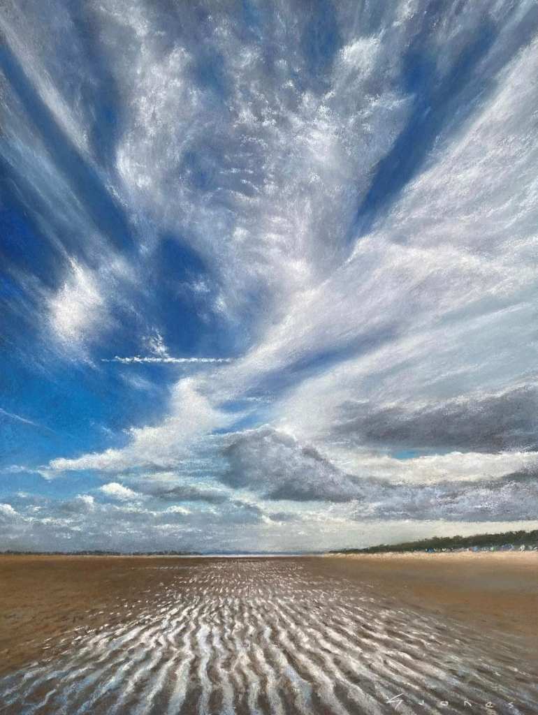 A beach scene with big skies, painted in soft pastel, by Gareth Jones.