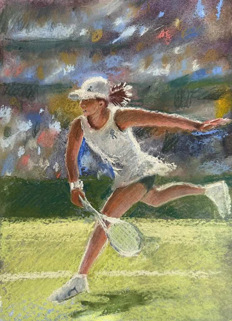 Soft pastel painting of a tennis player in action.