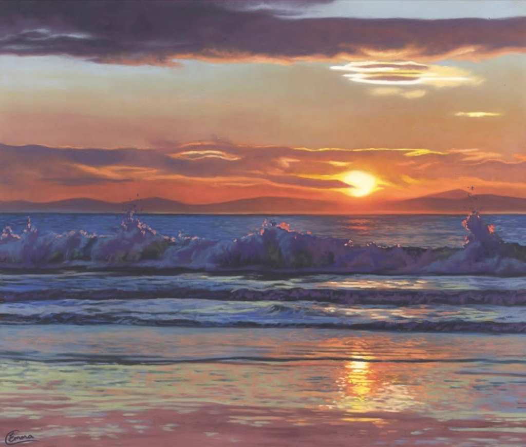 Sunset over the sea, soft pastel painting by Emma Colbert.