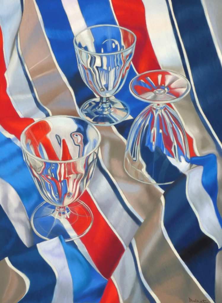 Realistic soft pastel painting of 3 drinking glasses on a blue and red striped fabric.