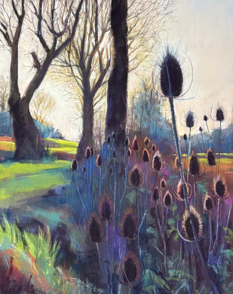 Wintery cool floral soft pastel painting.