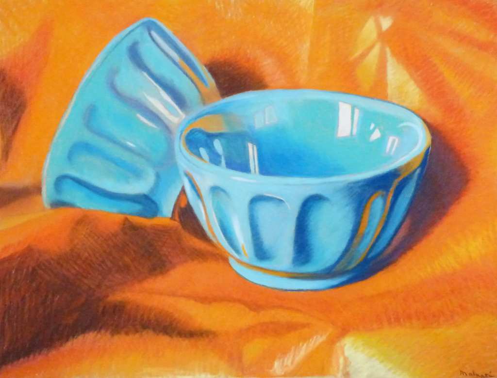 Soft pastel painting of a pair of turquoise bowls on an orange cloth.