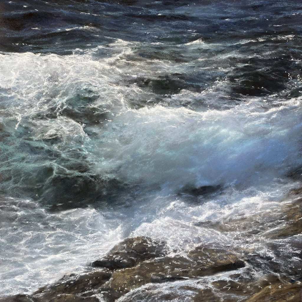 Crashing waves artwork in soft pastel.