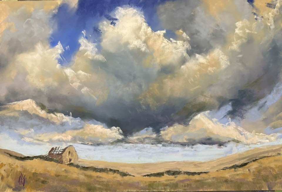 Soft pastel painting of golden fields under a scattered cloud sky, and a barn on the left.