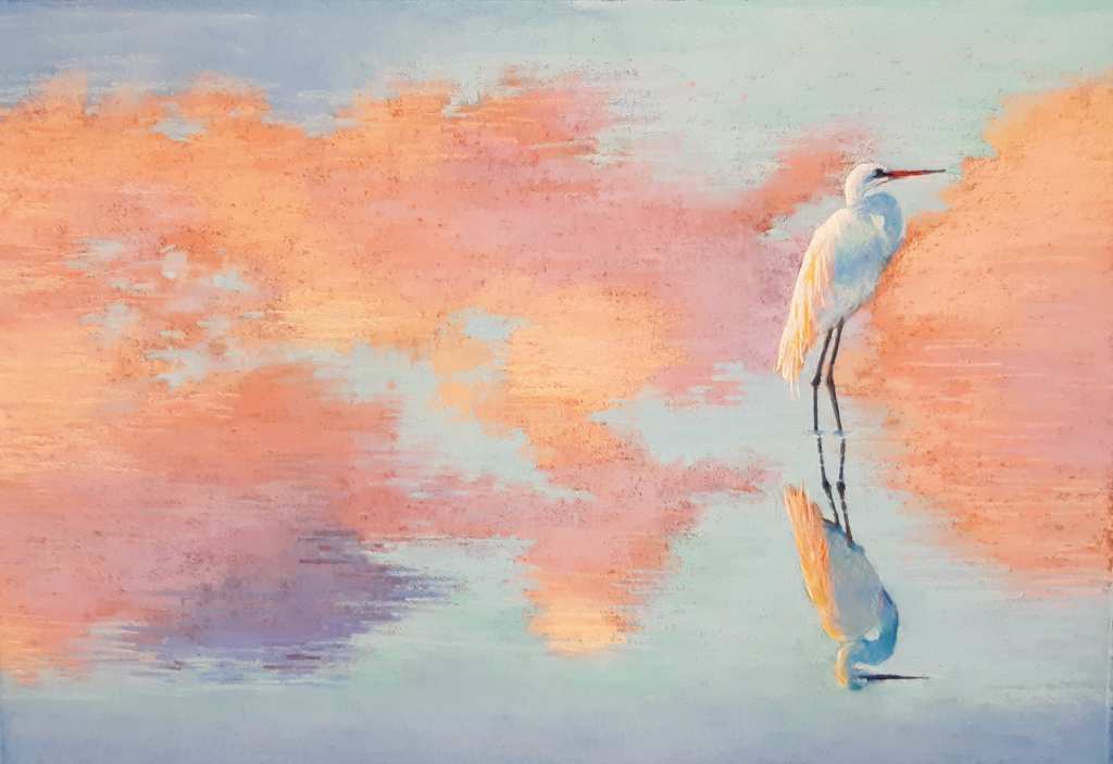 Soft pastel painting of a stork in water, reflecting pink clouds.