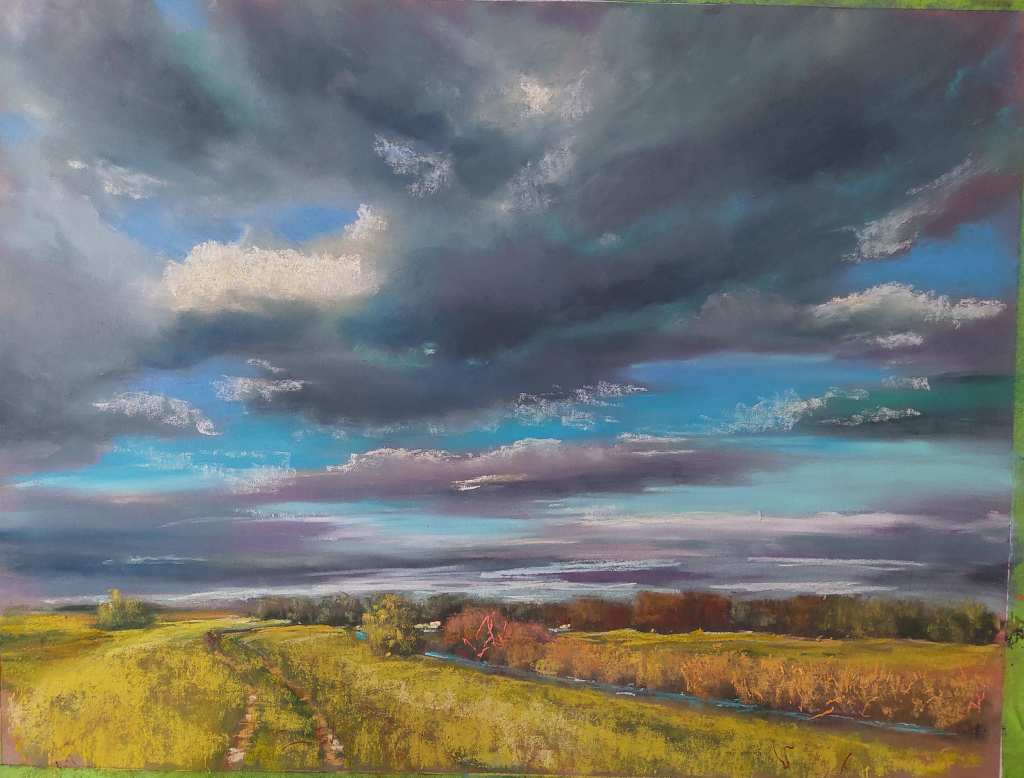 Dramatic sky landscape soft pastel painting.