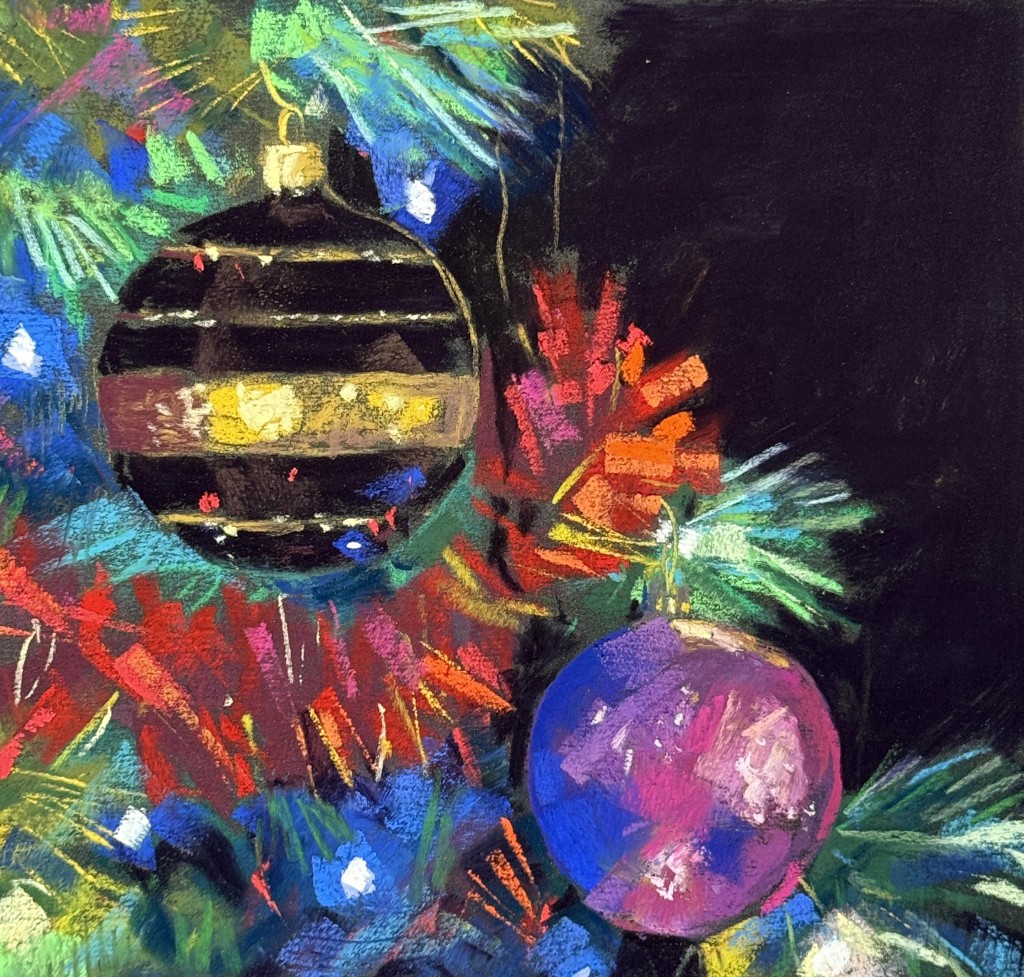 Christmas tree with baubles soft pastel painting by Dave Flitcroft
