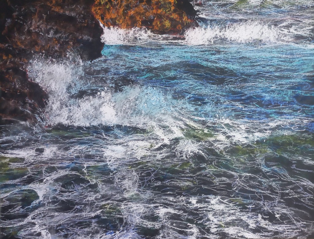 Mouvement de l'eau sur la roche seascape soft pastel painting by alain voinet