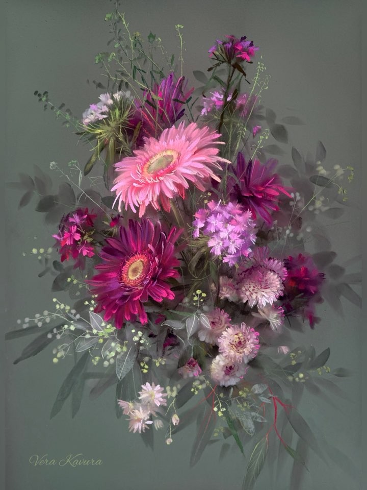 Floral soft pastel painting of an arrangement of violet flowers.