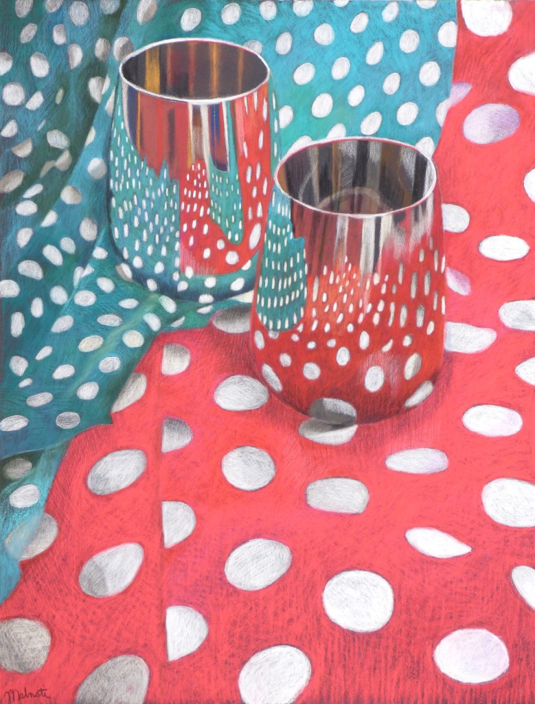 Still life pastel painting of silver jugs on red and blue spotted table cloths.