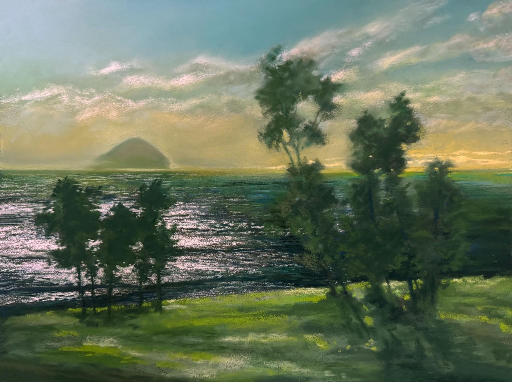 Pastel landscape painting of lushess green coastline, looking out to a prominent island out in the sea.