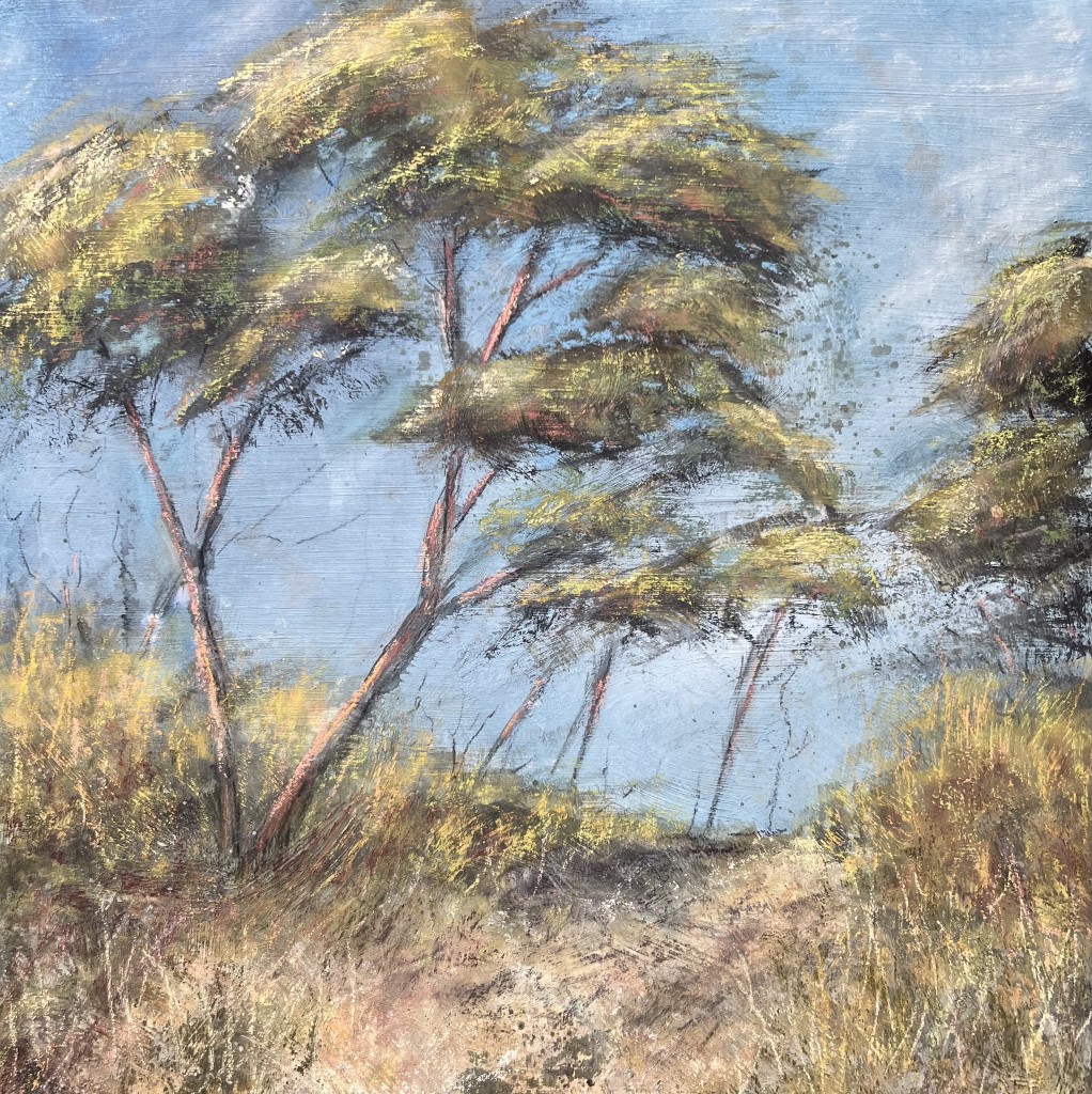 Pastel painting of trees and grass in sandy area.