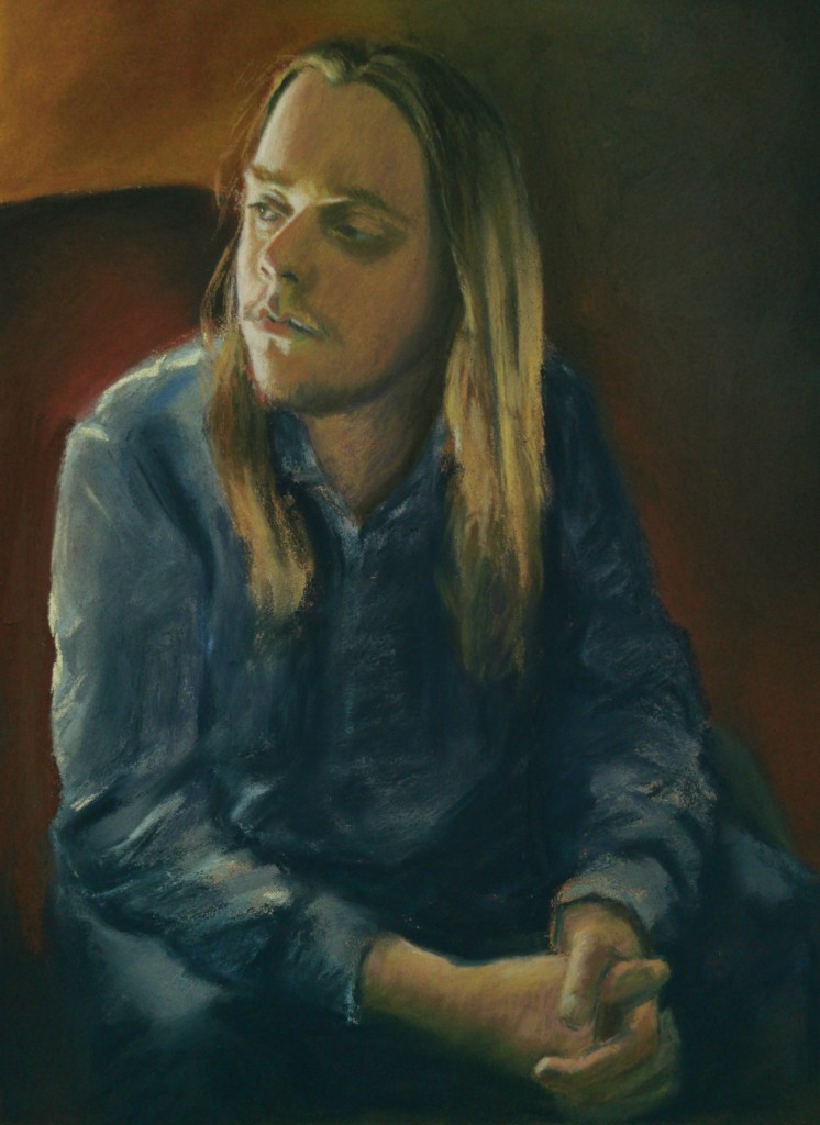 Pastel portrait of man in denima shirt and long blonde hair.