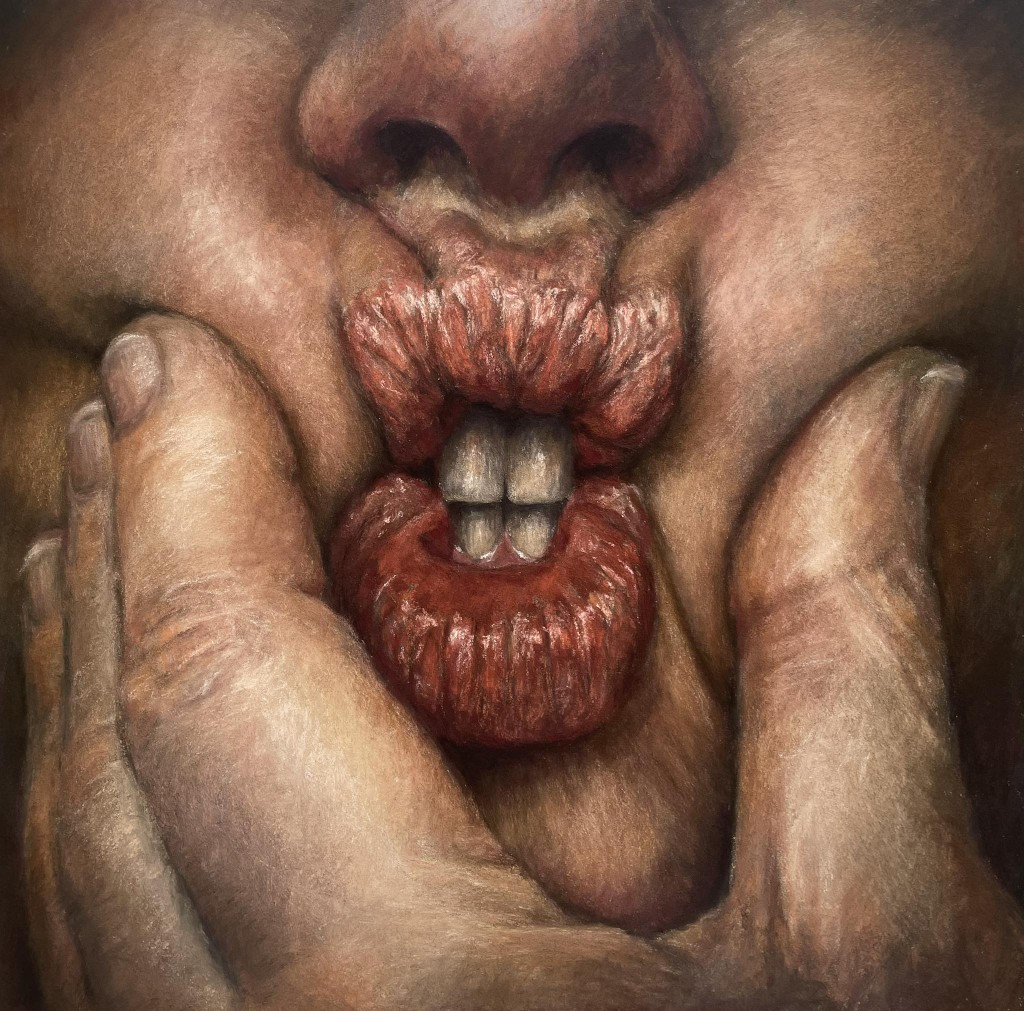 Soft Pastel painting titled 'Clamp' by Janina Meulendijks, depicting a closed up of a mouth being squished by a hand.