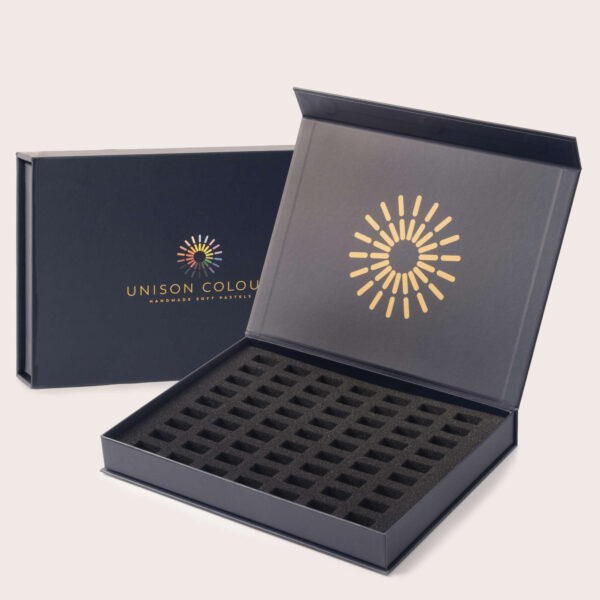 Opened empty soft pastel box for 63 half sticks.