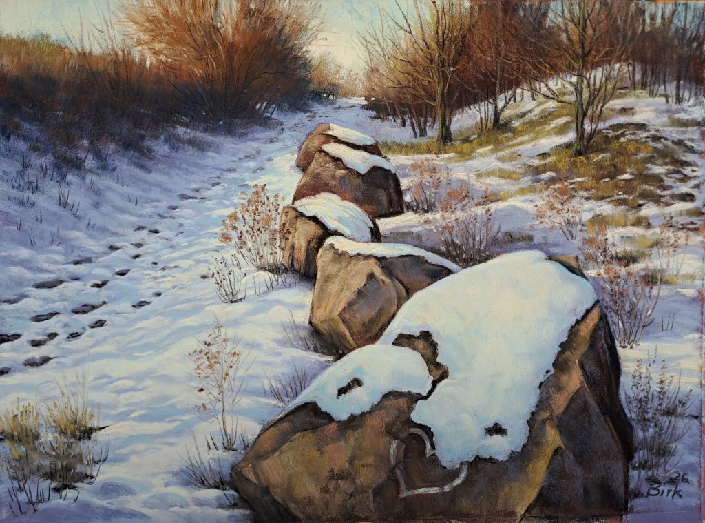 Soft pastel painting of a snowy country path lined with snow topped rocks.